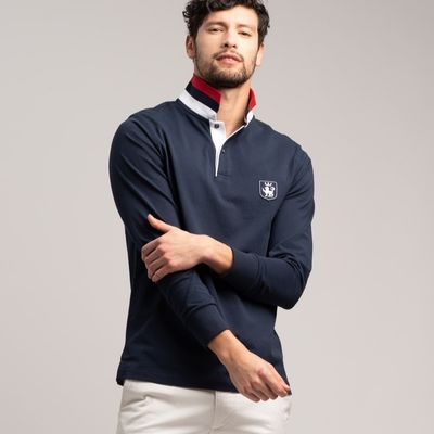 Polo uomo manica lunga sportiva in jersone blu